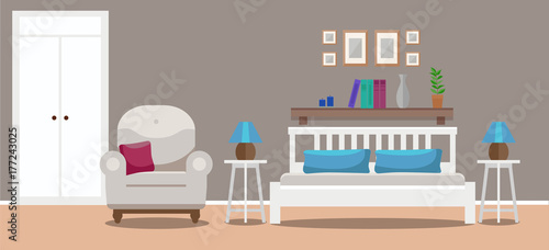 Light bedroom interior with double bed, tables, a chair, a wardrobe. Flat style vector illustration, design template