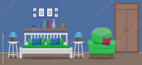 Light bedroom interior with double bed, tables, a chair, a wardrobe. Flat style vector illustration, design template