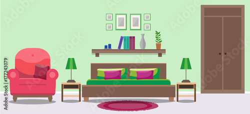 Light bedroom interior with double bed, tables, a chair, a wardrobe. Flat style vector illustration, design template