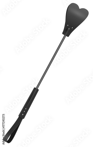 Black stick elastic cane with whip like tip heart shape. Accessory tool toy for BDSM
