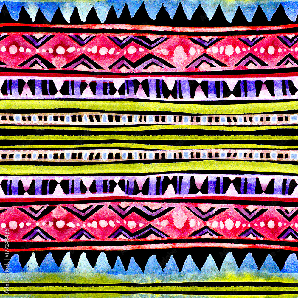 American tribal design. Seamless background with tribal pattern. Hand painted watercolor American tribal design. Seamless background with tribal pattern. Hand painted watercolor