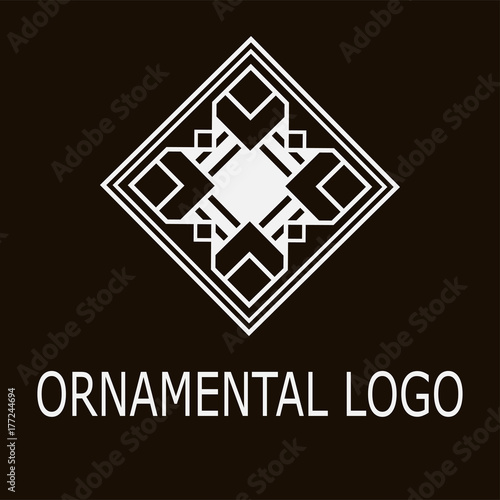 Ornamental white geometrical logo on dark background. Template for design. Vector illustration eps10