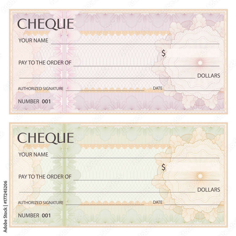 Check (cheque), Chequebook template. Guilloche pattern with watermark ...