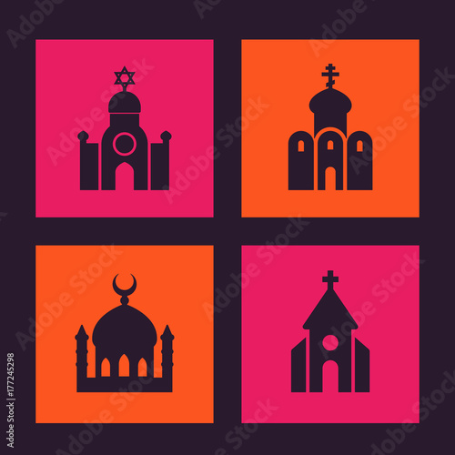 religion buildings icons set, synagogue, catholic, orthodox church, mosque