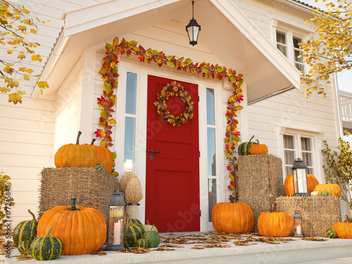 autumn decorated house with pumpkins and hay. 3d rendering