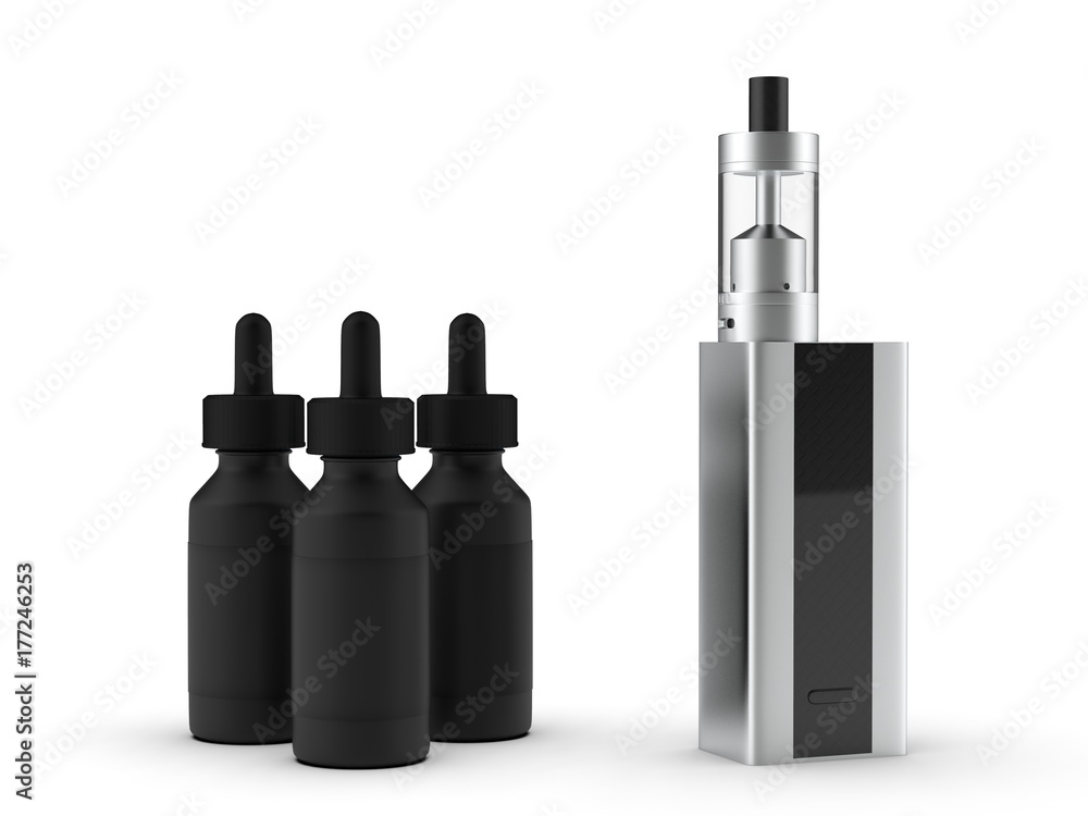 Vaping mod e-cig with tank atomizer and juice bottles. 3d illustration. Vaping mod e-cig with tank atomizer and juice bottles. 3d illustration.
