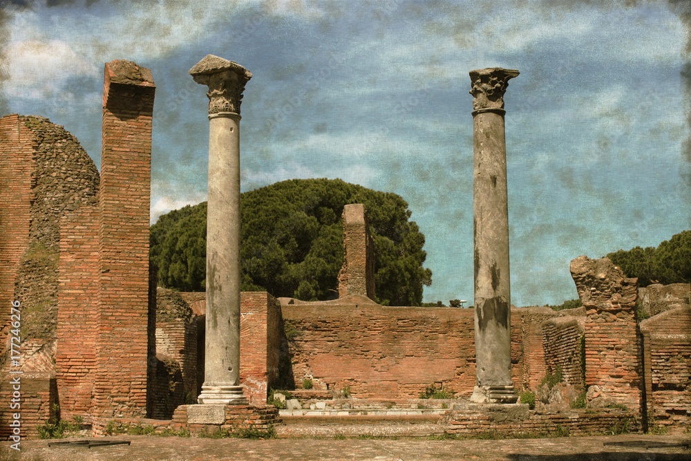 Ruins of a temple in Ostia Antica, Italy - Vintage