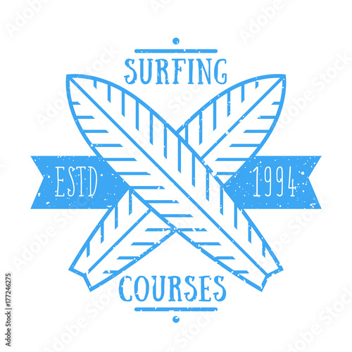Surfing courses emblem, t-shirt print, blue over white