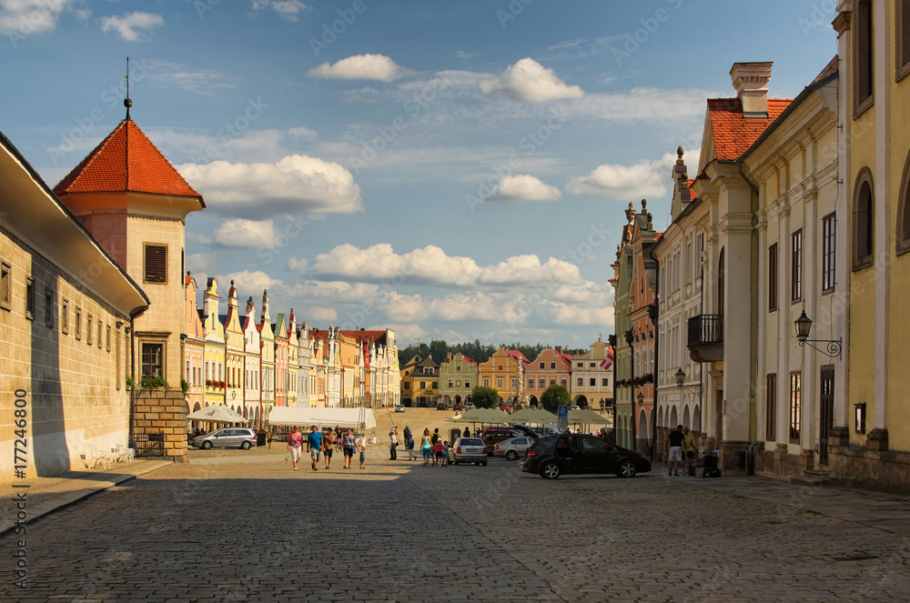 TELC, THE CZECH REPUBLIC-AUGUST 25, 2017: The main square of Telc, UNESCO heritage site