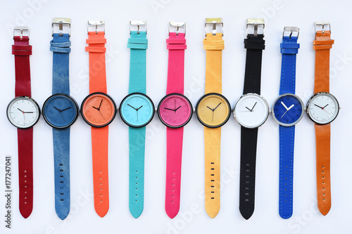 Set of multicolored wristwatches isolated on white background