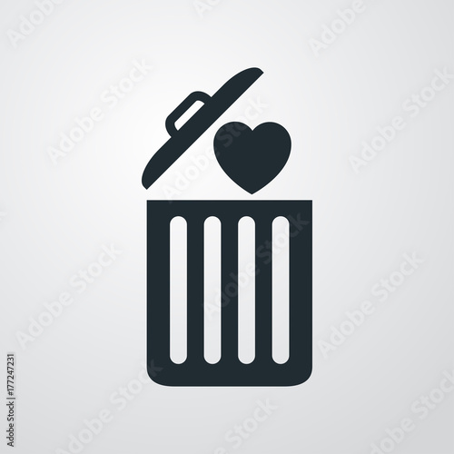 Icono plano corazon en basura en fondo degradado