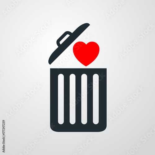 Icono plano corazon en basura gris y rojo en fondo degradado