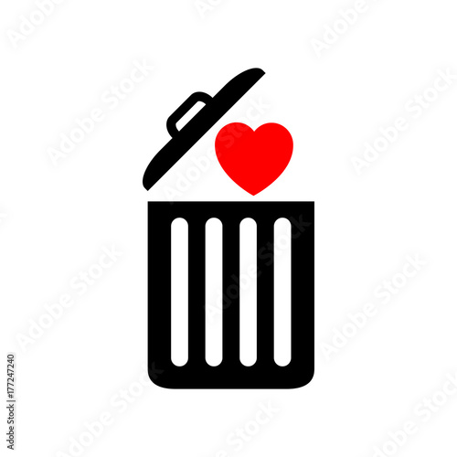 Icono plano corazon en basura negro y rojo en fondo blanco
