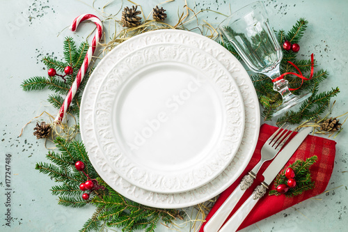 Elegant christmas table setting design (top view, flat lay)