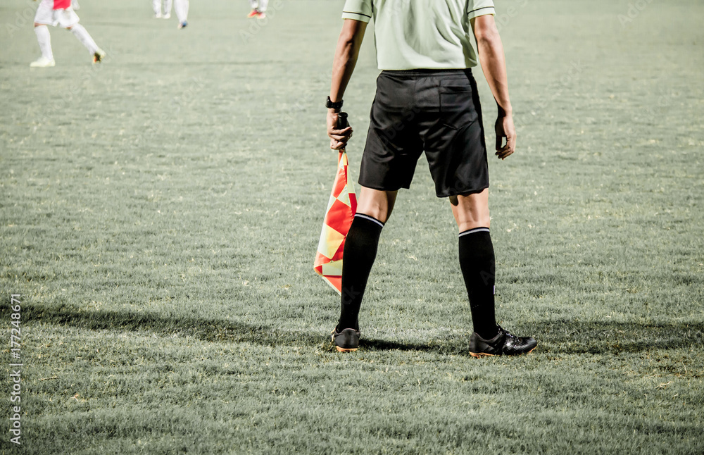 Motion blur Assistant referee or linesman are moving along the sideline during a soccer match or football match at the stadium . Motion blur Assistant referee or linesman are moving along the sideline during a soccer match or football match at the stadium .