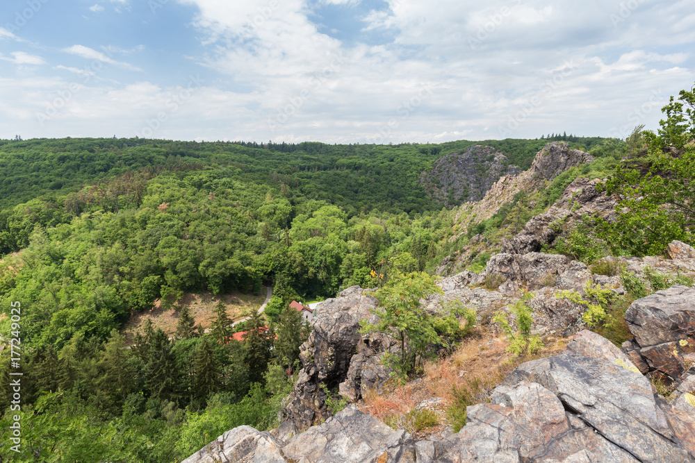 Lush gorge viewed from the rocky top at the Divoka Sarka on a sunny day. It's a nature reserve on the outskirts of Prague in Czech Republic.