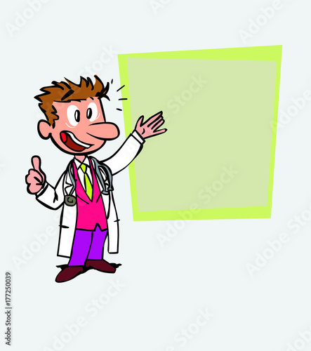 Happy white doctor makes the gesture of ok. Is showing, as in a presentation, the data you want.