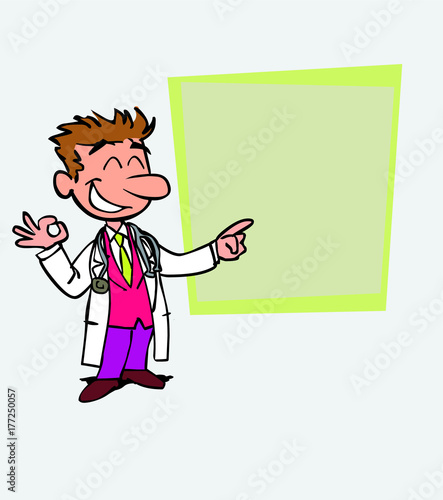 Happy white doctor makes the gesture of ok. Is showing, as in a presentation, the data you want.