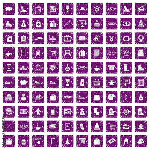 100 winter shopping icons set grunge purple