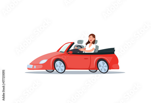 Vector flat illustration of a happy young woman driver sitting rides in his red car. Design concept of buy a new car