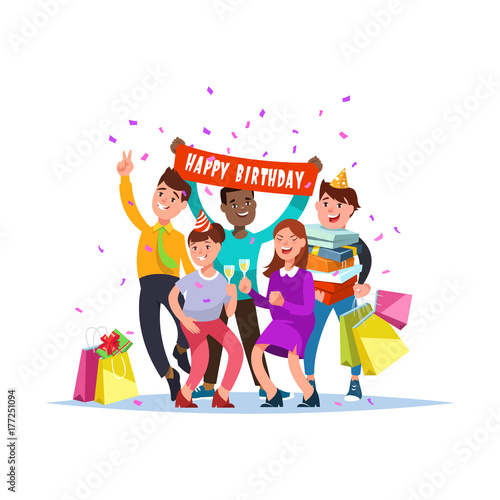 Vector illustration of group happy multiracial people celebration birthday together. Team staff with gift and champagne glasses party cartoon style