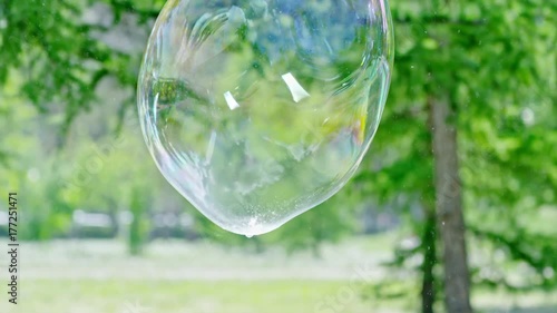 Closeup shot of large rainbow-colored soap bubble floating in the air and the bursting in slowmo