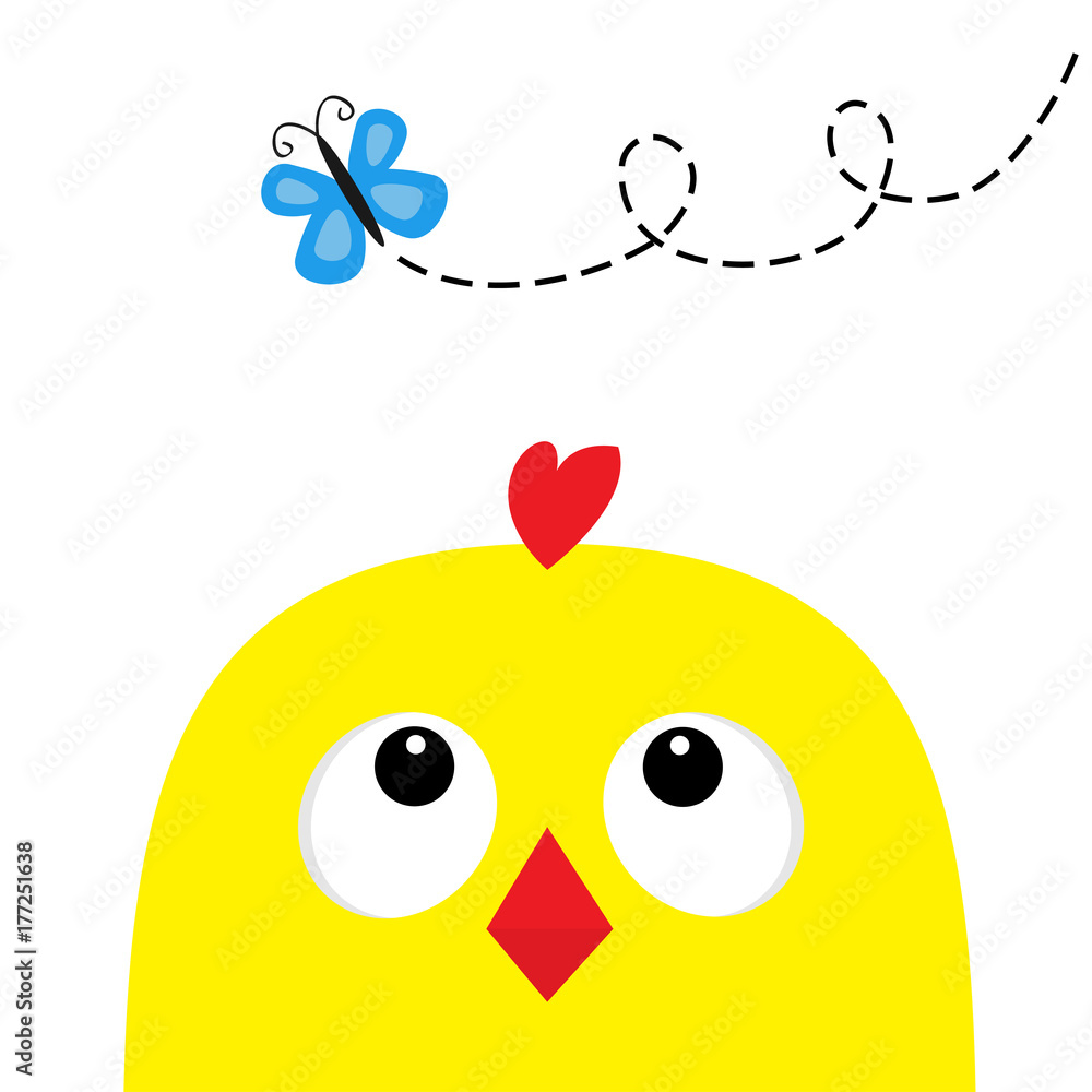 Chicken head face big eyes red beak looking up to butterfly. Happy Easter sign symbol. Cute cartoon character. Baby collection. Flat design. White background. Isolated.