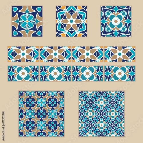 Vector set of Moroccan tiles and borders. Collection of colored patterns for design and fashion