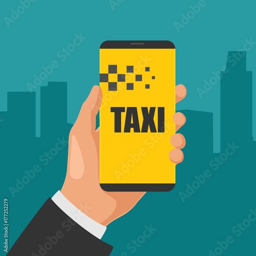 Hand phone with interface taxi on screen background the city.