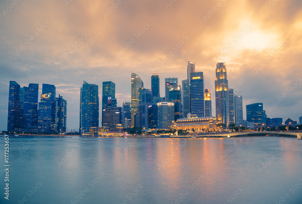 Singapore - July 15, 2017 : Sunset at Marina Bay of Singapore city landmark.