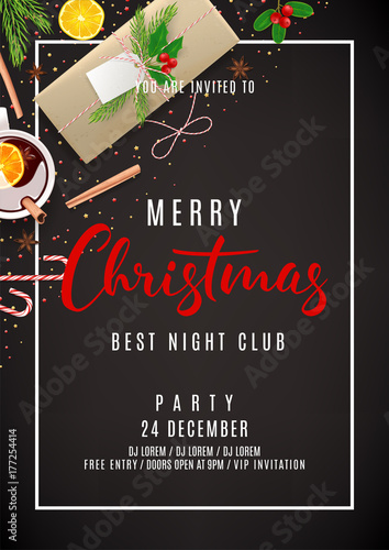Christmas Party Invitation Poster. Top view on Festive Decoration. Holiday Composition with Paper Gift Box and Confetti on Black Backdrop. Greeting Card with Lettering. Vector Illustration.