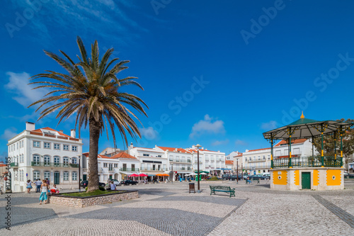 The central square of Nazare with pavilion and Nossa Senhora da Nazare Church on the background. Portugal photo