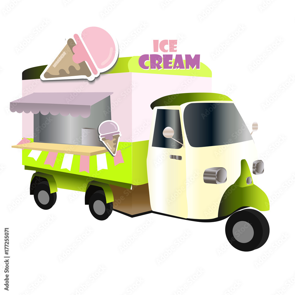 Vintage car ice cream truck. Vector illustration white background
