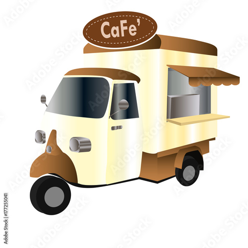 Vintage car coffee truck. Vector illustration white background.