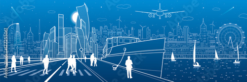 Сity embankment. Ship in the port, modern architecture at background. Town infrastructure. People walk down the street. Evening illuminated highway. Vector design art