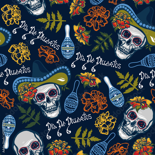 Dia De Muertos. Seamless pattern with skulls in hats with maracas, flowers with marigolds.Vector illustration.
