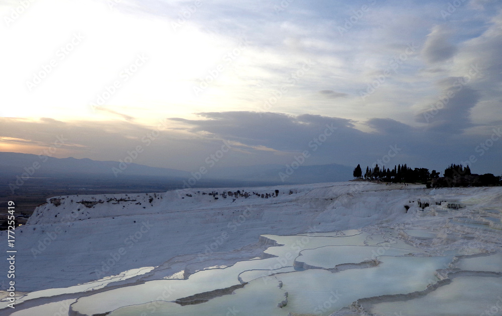 Pamukkale travertines at sunset time