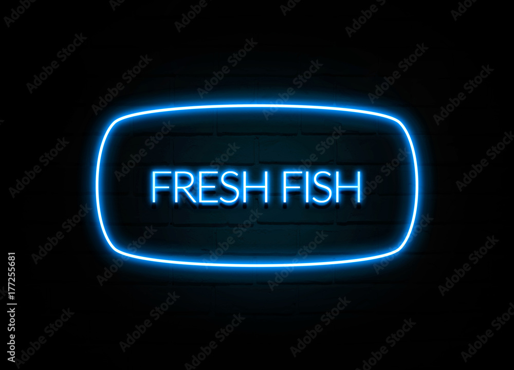 Fresh Fish  - colorful Neon Sign on brickwall