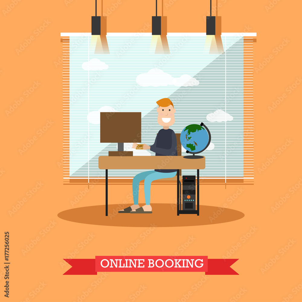Online hotel booking vector illustration in flat style Online hotel booking vector illustration in flat style