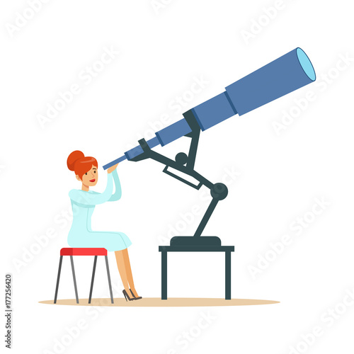 Woman astronomer looking through telescope