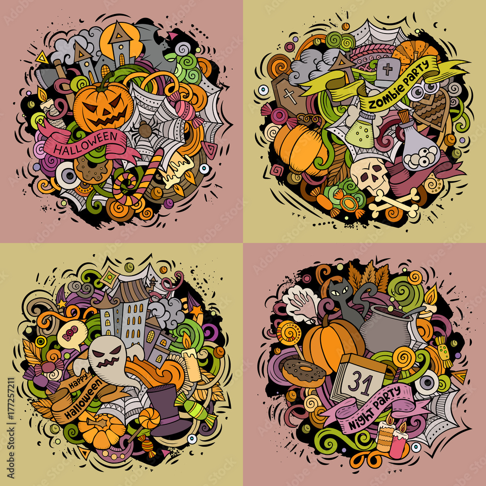Halloween cartoon vector doodle illustration set