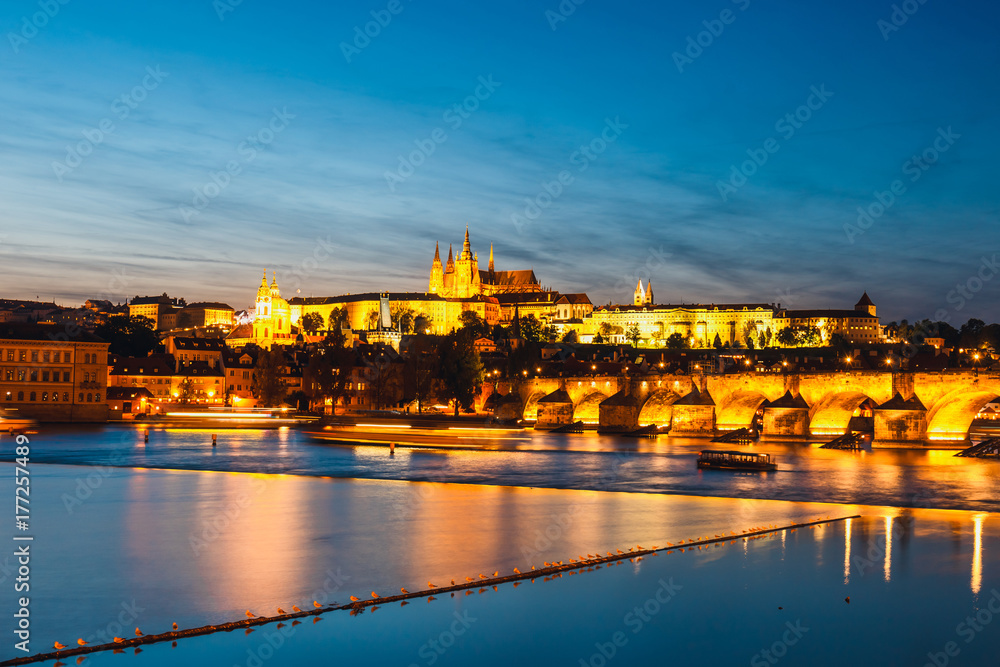 view of historical center of Prague durin beautiful sunset with castle, Hradcany, Czech Republic