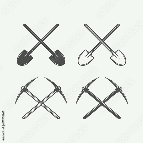 Set of retro mining or construction design elements in vintage style. Monochrome Graphic Art. Vector Illustration.