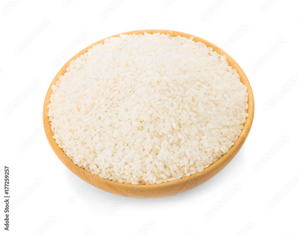 Japanese rice in a wooden on a white background Japanese rice in a wooden on a white background