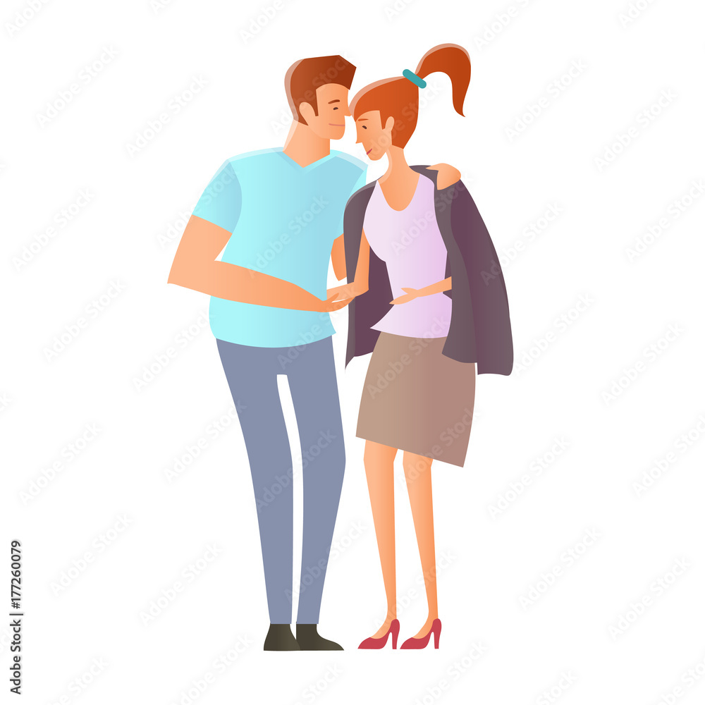Young happy couple on a walk. Romantic date. The man gave the girl his jacket. Embracing lovers. Vector Illustration, isolated on white background. Young happy couple on a walk. Romantic date. The man gave the girl his jacket. Embracing lovers. Vector Illustration, isolated on white background.