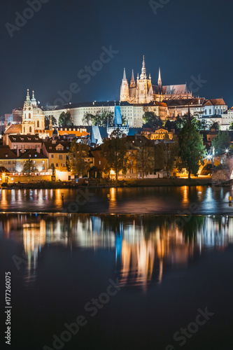  Night view of historical center of Prague with castle, Hradcany, Czech Republic © dziewul