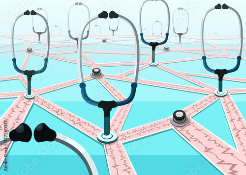 Health care network and medical information exchange concept. Vector of connected stethoscopes through cardiogram