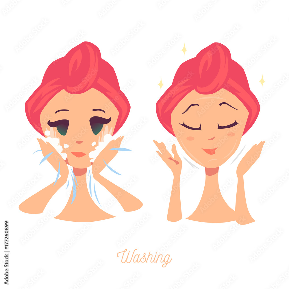 Steps how to apply facial washing. Isolated illustrations set. Steps how to apply facial washing. Isolated illustrations set.