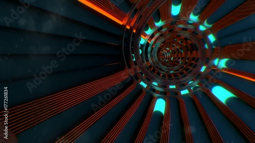 POV flight down a futuristic sci-fi like tunnel, with chrome spirals and neon type lighting on the tubes.  Seamless loop. This version has some glow and chromatic aberration applied. photo