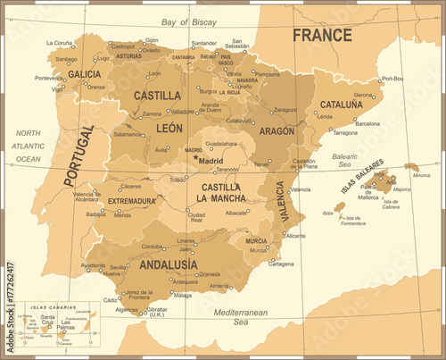 Spain Map - Vintage Vector Illustration